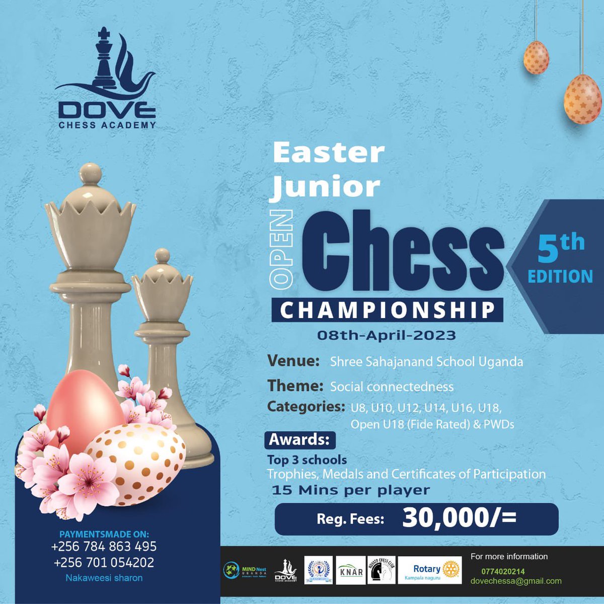 sssuganda's tweet image. Join the battle of brains at the 5th National Open Chess Championships hosted by SSS-U! 🏆♟️and organized by @ChessDove
April 8th, 2023
💡 Open to all, register as per age categories.
📝REGISTER AT SSS-U* Sports Desk
📞Tel: 0200 930 111
#ChessChallenge #kampala #kampalachess