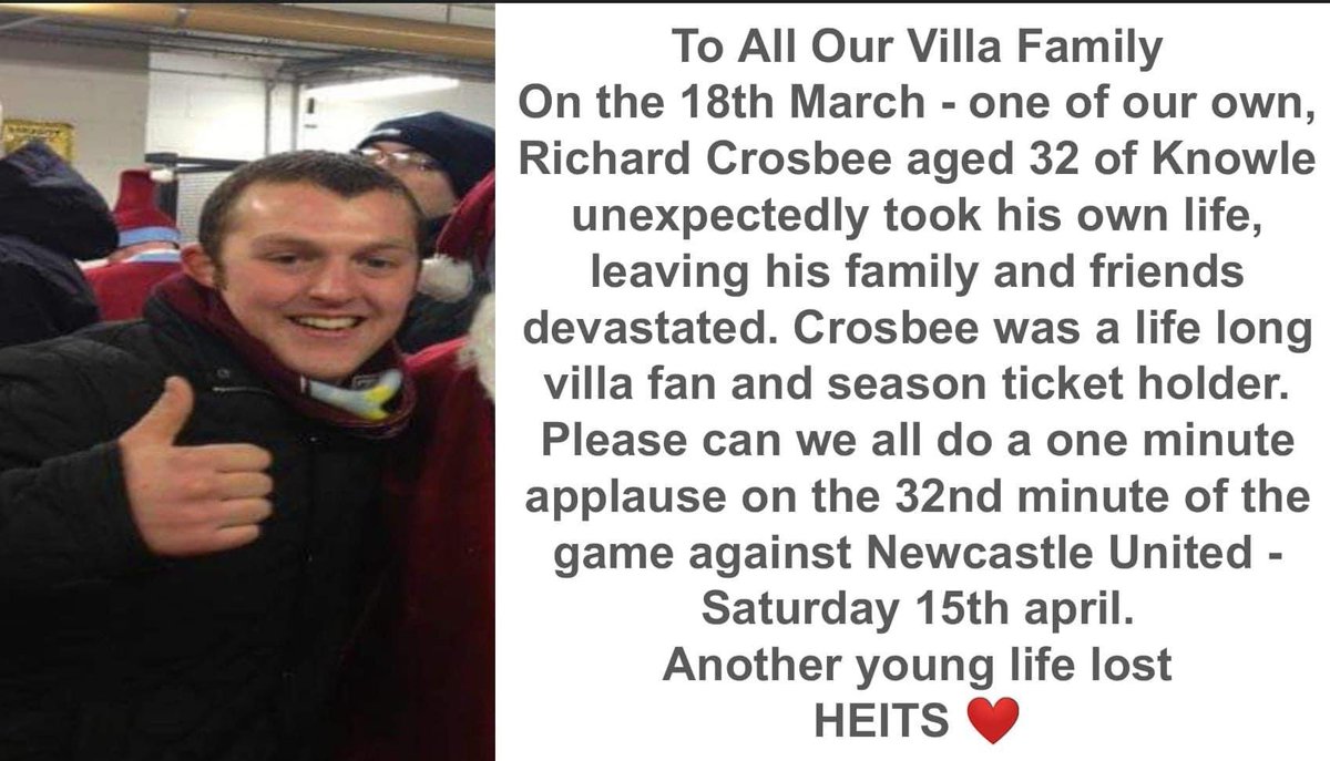 lintinblue's tweet image. I appeal to all @AVFCOfficial fans .Please make this happen ,please share far and wide . I’m a BlueNose , there are no colours when someone passes so tragically. When I saw @jmcginn7 screamer of a goal on Saturday,I thought Rich that was for you 💜💙 #HEITS #MakeUtHappen