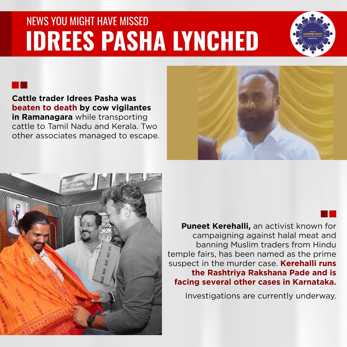 Some stories are not covered by the media and here is one such.
#IdreesPasha, a Muslim cattle trader is the victim from Ramnagara, #Karnataka  and was allegedly killed by Puneet Kerehalli, a right wing activist.

#IdreesPasha #ramnagar  #PuneethKerehalli  #HateCrime #lynched