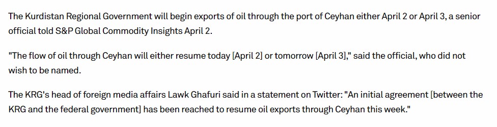 Kuzey Irak petrolünün 2-3 Nisan'da tekrar Ceyhan'dan ihraç edilmeye başlanması bekleniyor - SP Global spglobal.com/commodityinsig…