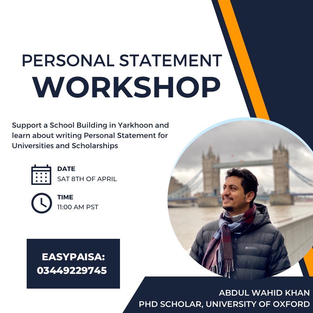 Gadayi_guman's tweet photo. Personal Statement Workshop for Supporting a School Building by @ChitralAcademic 

Hello everyone, 

What?  

Many of us usually get stuck when it comes to writing personal statements for universities and scholarships. In this Workshop, we will discuss some of the main points that are necessary for making a good personal statement. We will also do an exercise at the end of the workshop where you can send in your personal statement (optional) and we can look at them together and try to improve them anonymously. 

Why? 

Everyone is expected to make a donation of 1000+ PKR or 10$+ to participate in this workshop that will go to a school building in Yarkhoon. The easypaisa account is 03449229745 with the title "Abdul Wahid Khan".

When? 

The workshop will take place on Saturday 8th of April 2023 at 11:00 am PST. 

How? 

Sign Up and Pay: 

https://t.co/N7mEBJAHcp

Where? 

Only those who have signed up and made a payment will be sent the zoom link. 

Looking forward to your participation. In case you cannot or do not want to attend the workshop and still want to contribute to the school, please do that. 

Please share with others ❤️