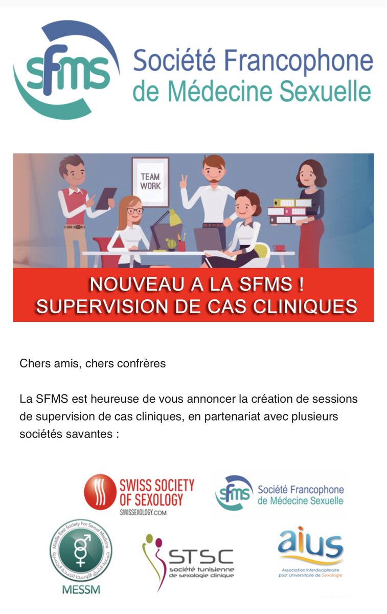 Venez rejoindre nos sessions de supervision en médecine sexuelle et sexologie!
 Il vous suffit simplement de nous envoyer un résumé anonymisé de votre situation clinique à notre adresse e-mail dédiée : supervision@sfms.fr, et nous l'inclurons dans notre prochaine session Zoom