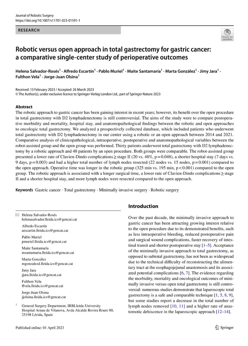 🔊Robotic vs open approach in total gastrectomy for gastric cancer:a comparative single-center study of perioperative outcomes

The 🤖 approach:

⌚️longer surgical time

👌🏼lower rate of complications ≥stage II

🛌shorter hospital stay

🔬more lymph nodes

rdcu.be/c8ZLh