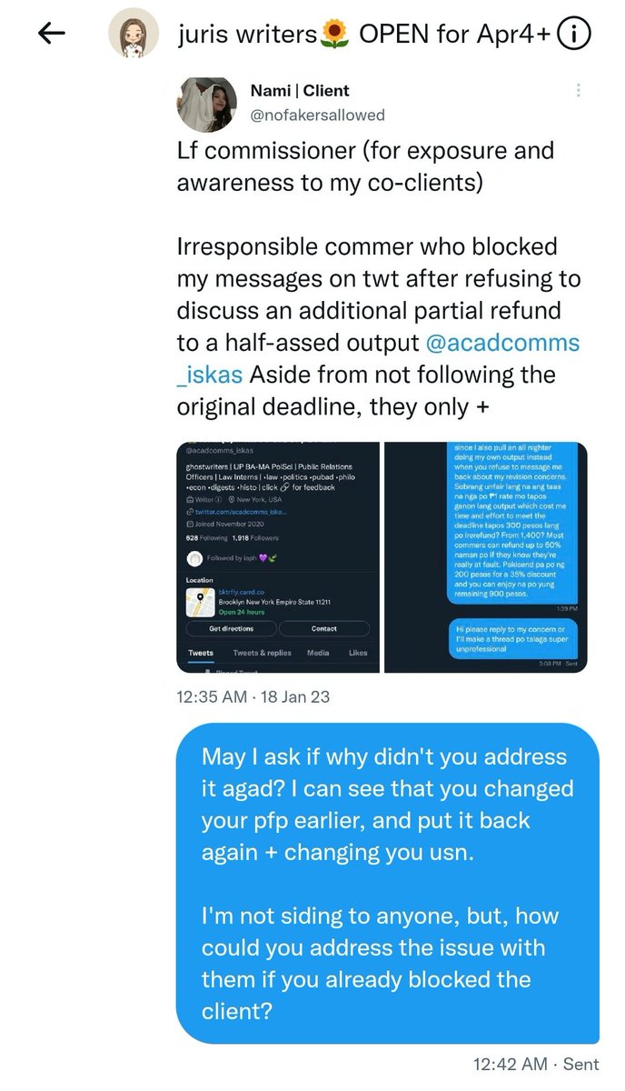 ApwilAcadCorner's tweet image. LF COMMISSIONER (For exposure) 
Beware! Please see the attached screenshot and post from their client. 

Third time changing your username? As long as I remember legit ka naman dati.
