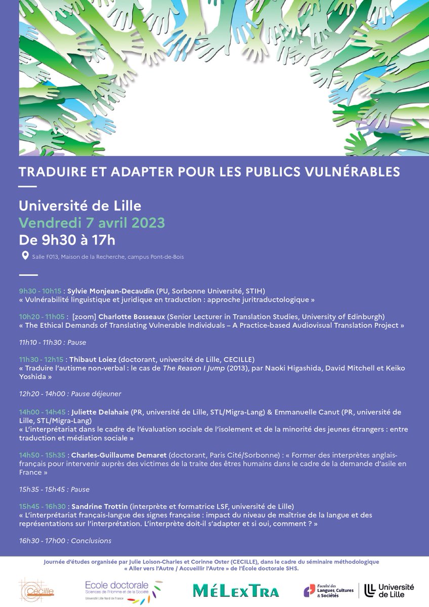 CECILLE_ULille's tweet photo. [JE] 7.04.23 / 9:30 / F0.13
Traduire et adapter pour les publics vulnérables
Org. @CorinneOster et Julie Loison-Charles
@CECILLE_ULille  Doctorale SHS @univ_lille Mélextra @lcs_ulille https://t.co/ZurRhVjoQs