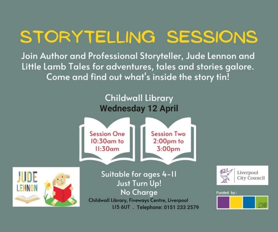 Coming up at Childwall Library, FREE storytelling. @JudeLennonBooks @LivLitCycle @CultureLPool @CllrBMurray #LivLitCycle #LiverpoolSpeaks #LiverpoolReads #