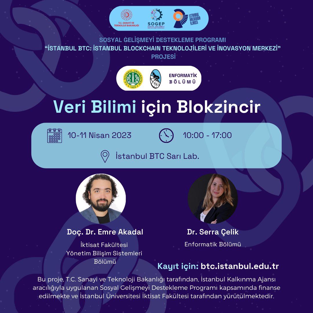 Veri bilimcilerle blokzinciri bir araya getiriyoruz!

Veri bilimi üzerine çalışma yapanlara yönelik bu eğitimde; blokzincir teknolojisini konuşacak, verisini inceleyecek ve işleyeceğiz.

Ayrıntılı bilgi ve kayıt için: btc-iktisat.istanbul.edu.tr/tr/content/mer…

Sınırlı sayıda kontenjana sahip