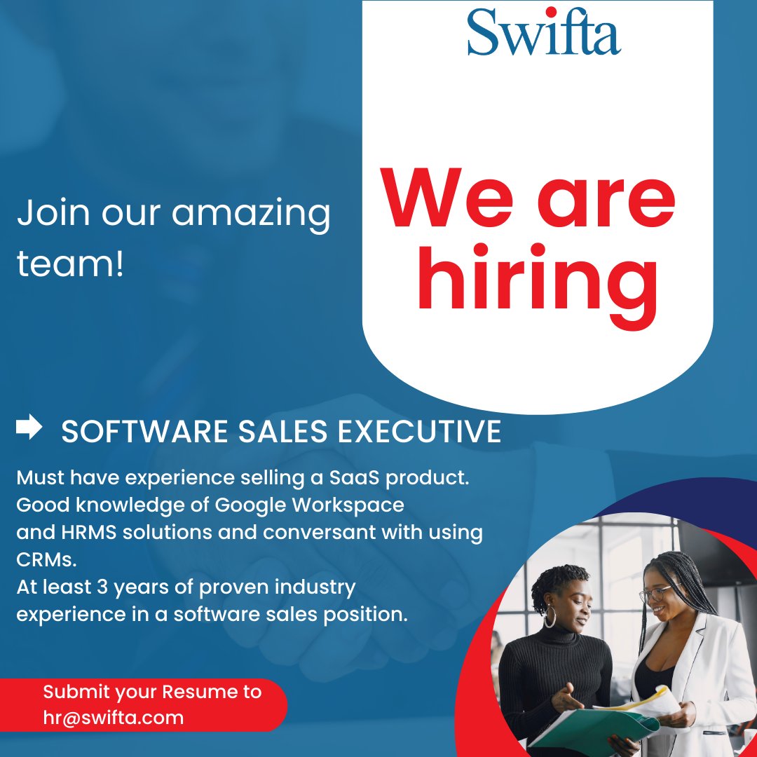 SwiftaSystems's tweet image. 📌Experience in corporate sales management.
📌Excellent verbal, and written communication skills
Qualified candidates should send their resume to hr@swifta.com
#Swifta #swiftacloud #Google #GoogleWorkspace #GoogleCloud #Tech #techtalent #Techtalent4Hire #Recruitment #workplace