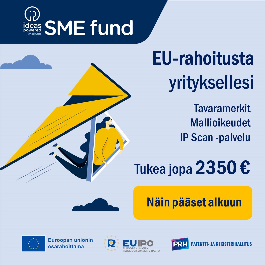 Hei #PkYrittäjät 👋

Tarjolla helpotusta oman aineettoman omaisuuden suojaamiseen 👍 

✅ tavaramerkit ®️
✅ mallioikeudet
✅ IP Scan 🔎

Tutustu #SMEFund-tuen hakemiseen 👀 prh.fi/fi/uutislistau…

🟢 #pkyritykset #AineetonOmaisuus #tavaramerkit #mallioikeudet