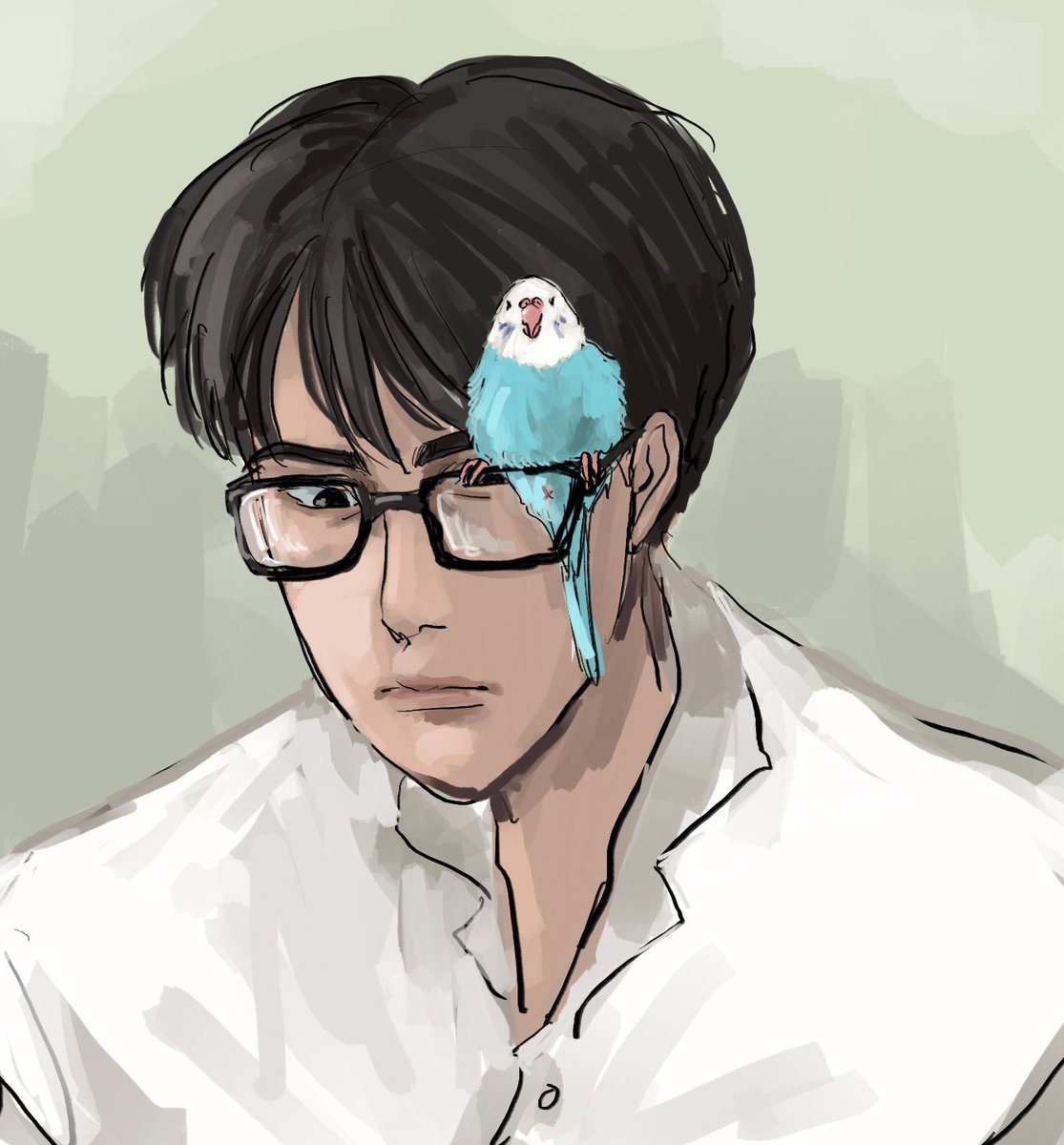 1boy male focus bird glasses shirt white shirt black hair  illustration images