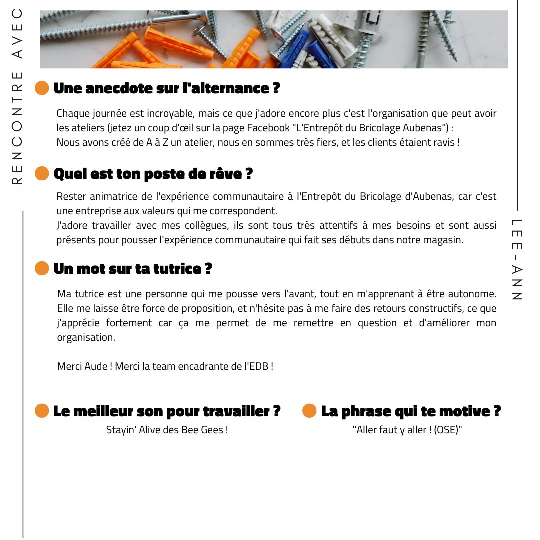 ✍ Découvrez le portrait de Lee-Ann Hilaire, Ecémalienne en alternance à l'#entrepotdubricolage !

Etudiante en Bachelor 3 Management Gestion, elle a su trouver une entreprise avec des valeurs qui lui correspondent et dans laquelle elle se sent épanouie 🤩
#alternance #ecema