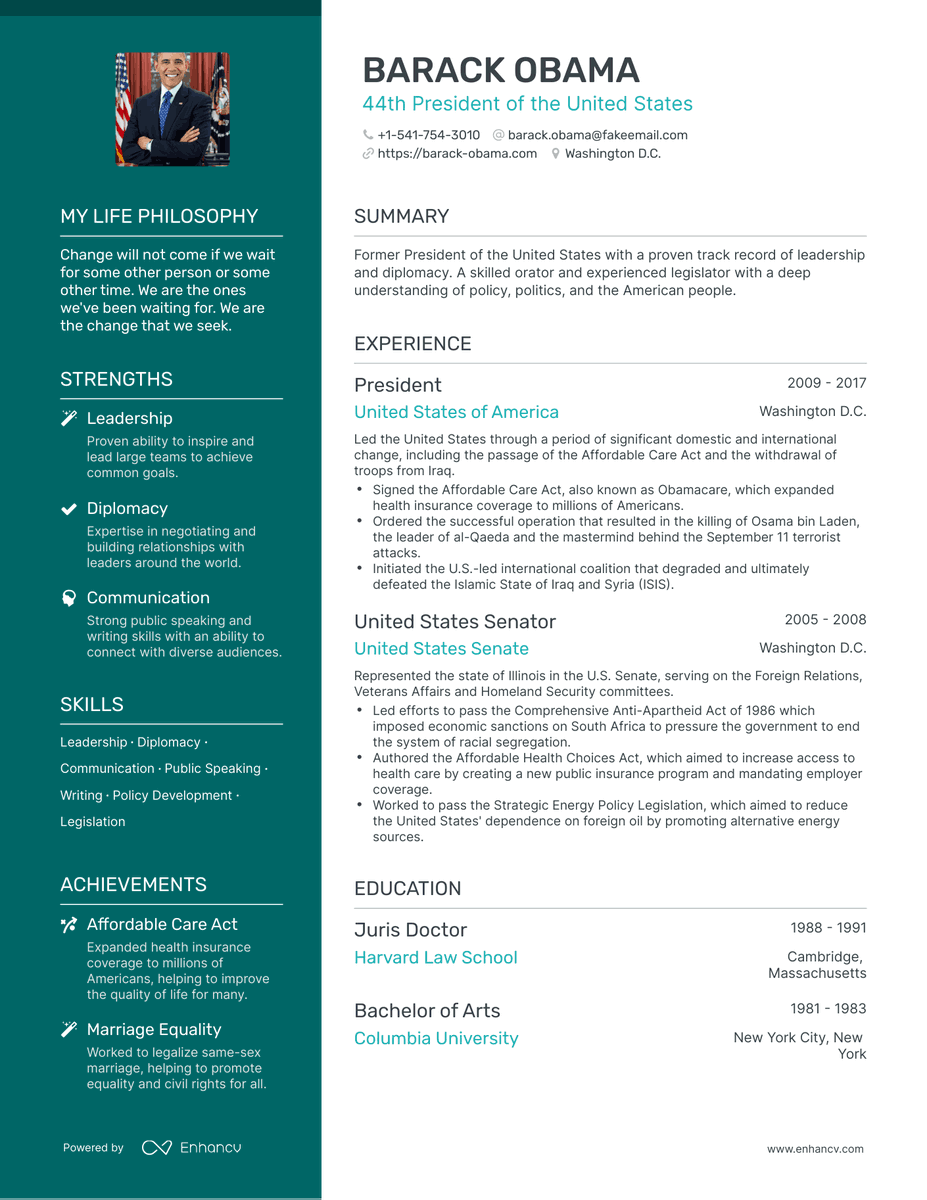 What would Barack Obama's resume look like if he had one made by AI? Check the full ChatGPT-generated resume at thisresumedoesnotexist.com/resume/barack-…