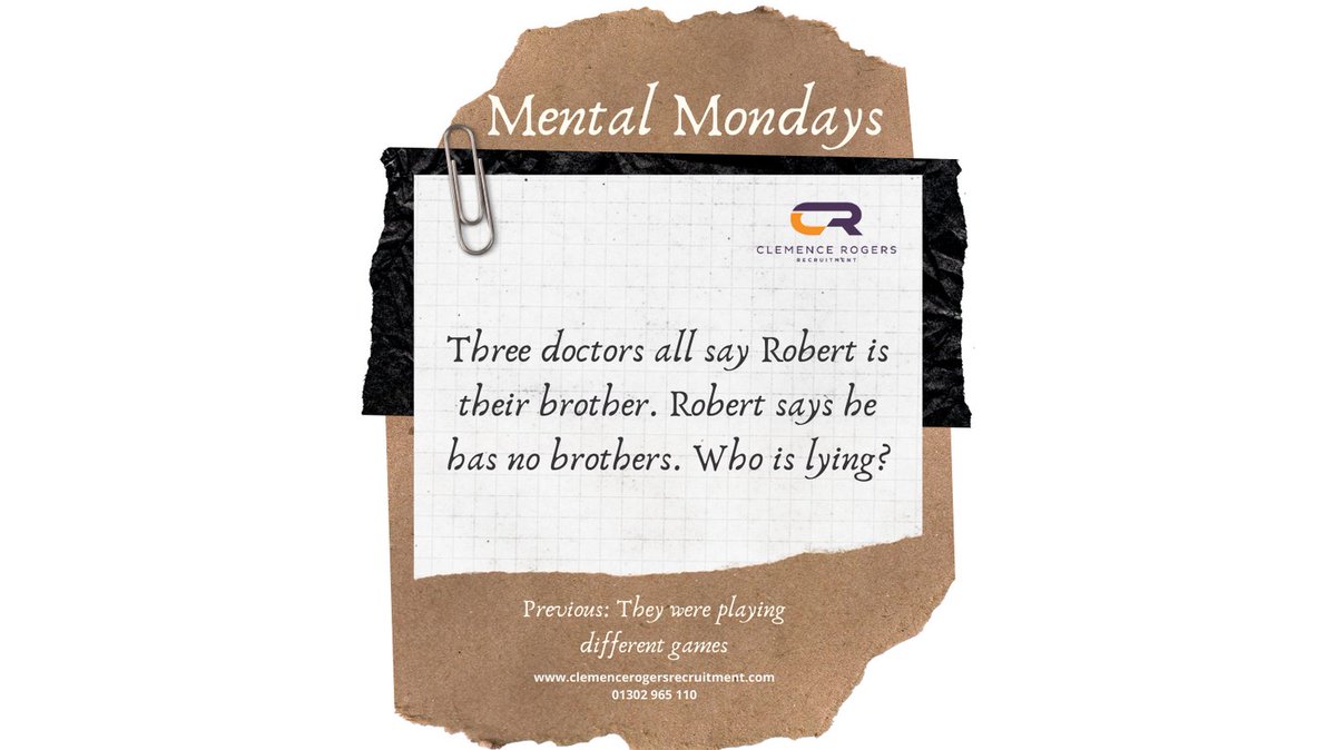 Mental Mondays!

Monday is back again so let’s get our heads working with a quick question.

The correct answer will be posted next Monday with the next question.

#MentalMonday #mondays #clemencerogers #doncaster