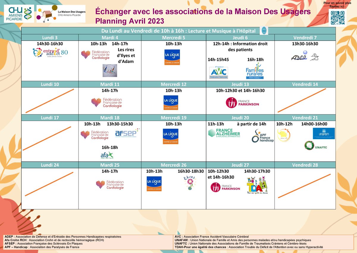 [💬 #Associations] La #MaisonDesUsagers du #CHUAmiens est un lieu d’écoute et d’échanges, plusieurs #AssociationsDePatients assurent des permanences :

👉le planning pour le mois d'avril est en ligne

⬇️ PLUS D'INFOS ⬇️
chu-amiens.fr/patients-et-vi… chu-amiens.fr/patients.../la…
