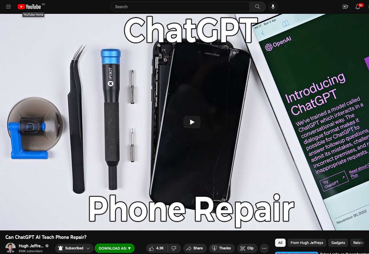 #HughJeffreys asked #ChatGPT for guidance through an iPhone screen repair. Let’s say there is potential still… But as always, some great insights. #AvoidReduceReuseRecycle youtube.com/watch?v=ycBU4R…