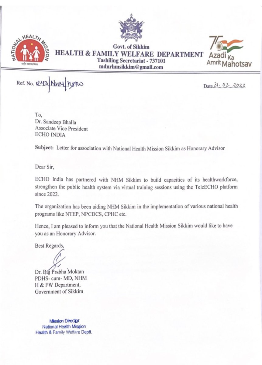 ECHOIndiaTrust's tweet image. National Health Mission (NHM), Sikkim has #recognised the #dedication and #commitment of ECHO India's AVP, Dr. Sandeep Bhalla, by appointing him as an Honorary Advisor on #Healthcare