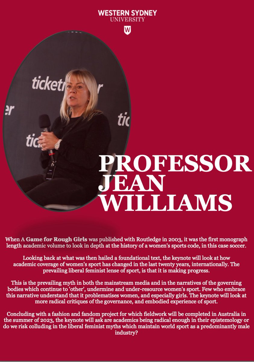 j_richo1990's tweet photo. Did you know that @JeanMWilliams is the official keynote @westernsydneyu International Women in Sport Symposium?
This isn't a keynote to miss. We are so excited to welcome Jean and @jacquimcassey to Sydney.
Be kind to the convenor and register early 😉https://t.co/MOQQg4v05p https://t.co/q0kY8P3b6l