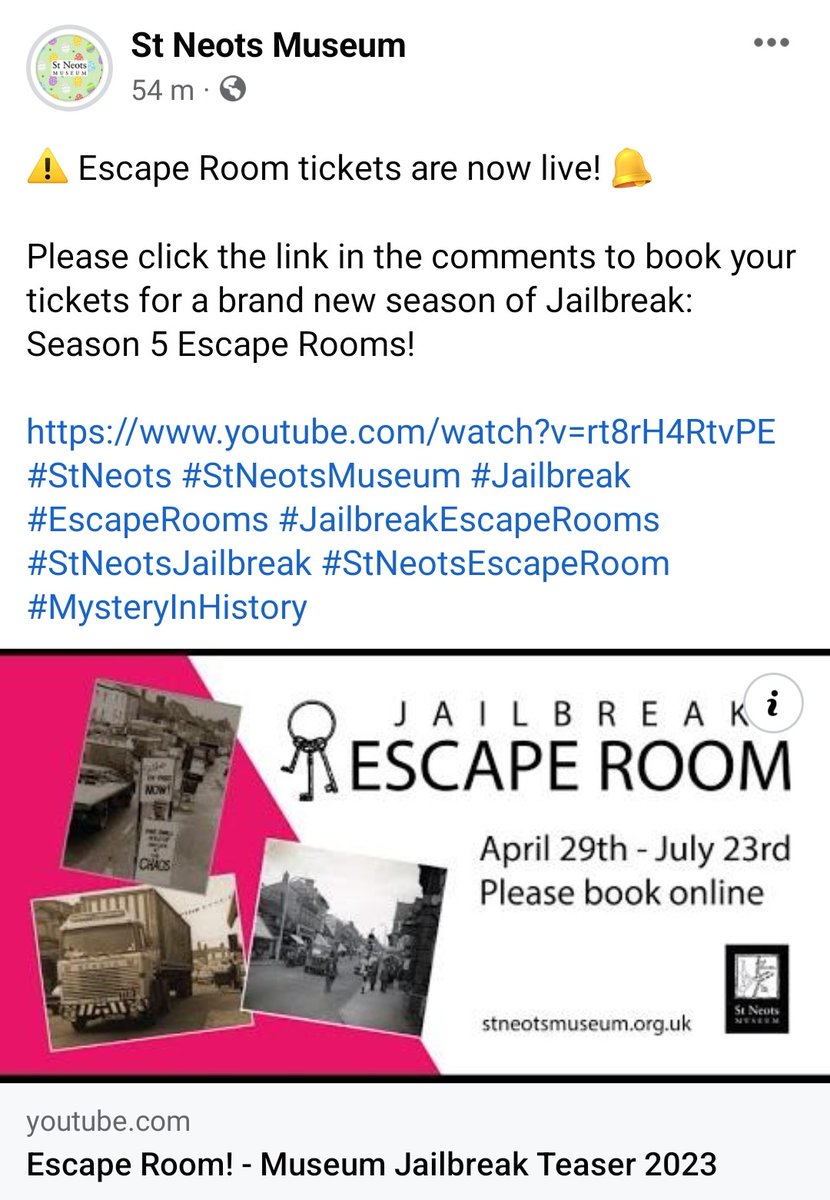 ⚠️ Escape Room tickets are now live! 🔔

Please click the link in the comments to book your tickets for a brand new season of Jailbreak: Season 5 Escape Rooms!

youtube.com/watch?v=rt8rH4…
#StNeots #StNeotsMuseum #Jailbreak #EscapeRooms #JailbreakEscapeRooms