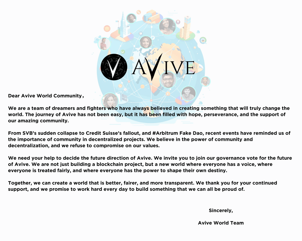 AviveAPP's tweet photo. 📢Open Letter To The Community

👉We Need You To Decide The Future Of #Avive World https://t.co/DB588Gvz8A