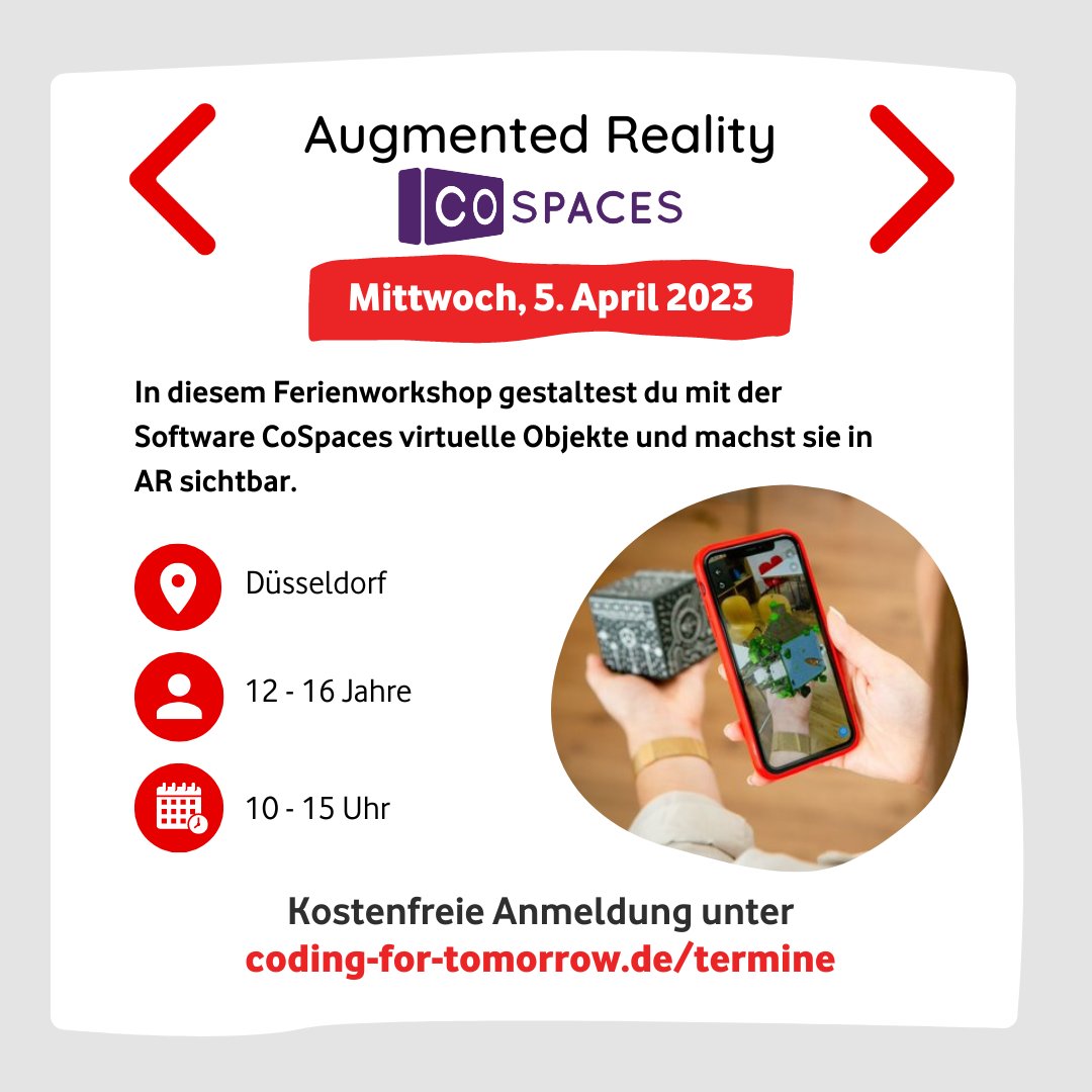 coding_tomorrow's tweet photo. In unserem #Ferienworkshop am Mittwoch im Hub für digitale Bildung in #Düsseldorf sind noch ein paar letzte Plätze frei! Wir gestalten unsere eigene virtuelle Welt in Augmented Reality! 🌍 
Kostenfreie Anmeldung 👉https://t.co/94wzqKXsE6 https://t.co/PFUwEHPhEs