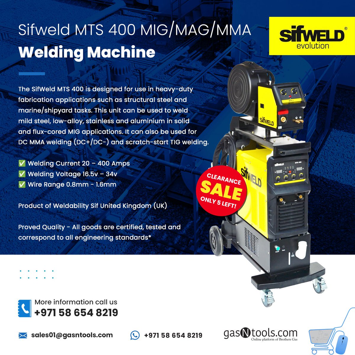 GasNtools's tweet image. SifWeld MTS400 Welding Machines 🇬🇧

Clearance Prices on Limited Stocks

📞 Call: +971 58 654 8219
💬 24/7 WhatsApp: +971 56 508 8877
📧 sales01@gasntools.com
🌐 gasntools.com

#gasntools #gasequipments #weldingmachine #MIG #TIG #stickwelding #MENA #UAE