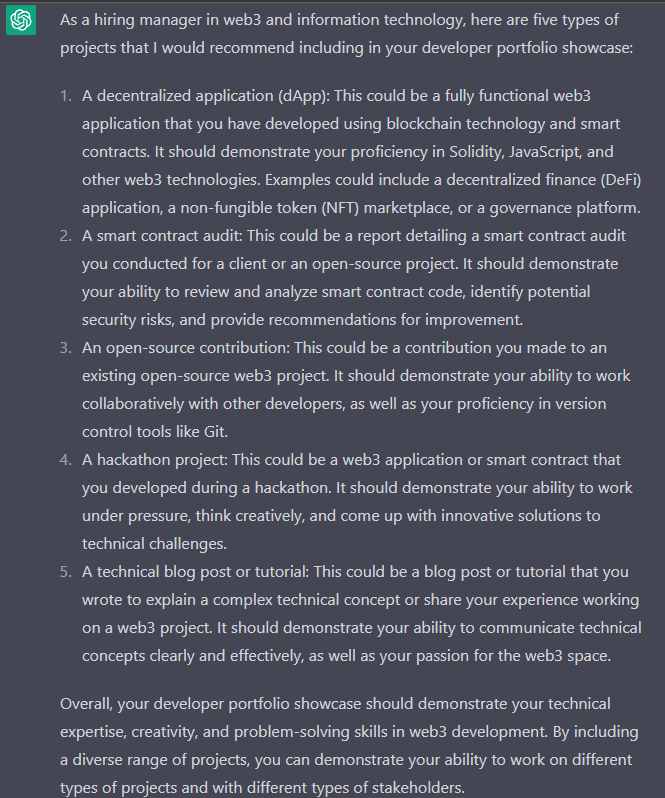 jesslearnz's tweet photo. Redid my prompt to have ChatGPT act as a hiring manager and give me the projects that will catch their eyes. The difference in was interesting. 

#ChatGPT https://t.co/b9uhUR4py3