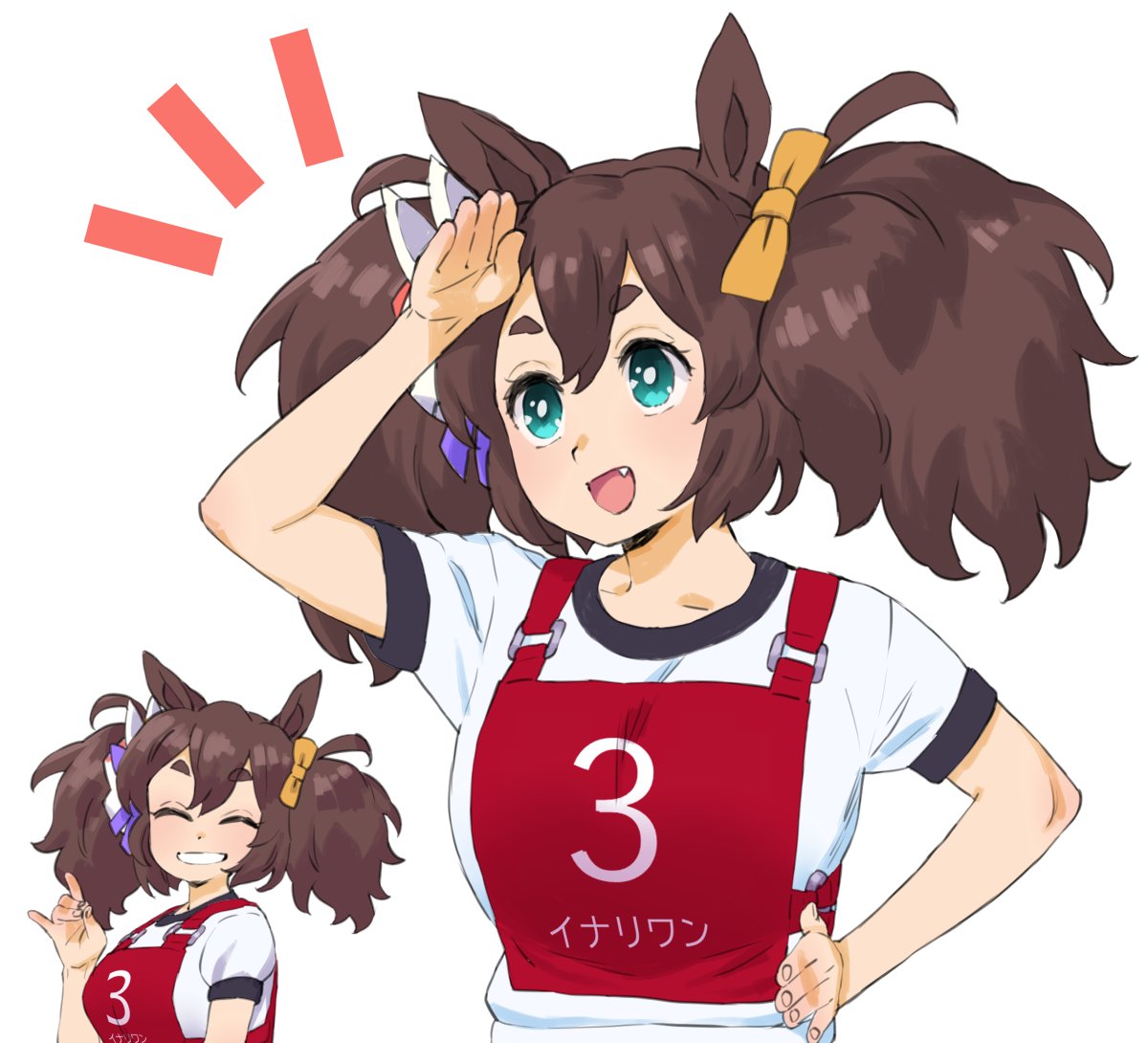 1girl animal ears twintails horse ears brown hair fang white background  illustration images