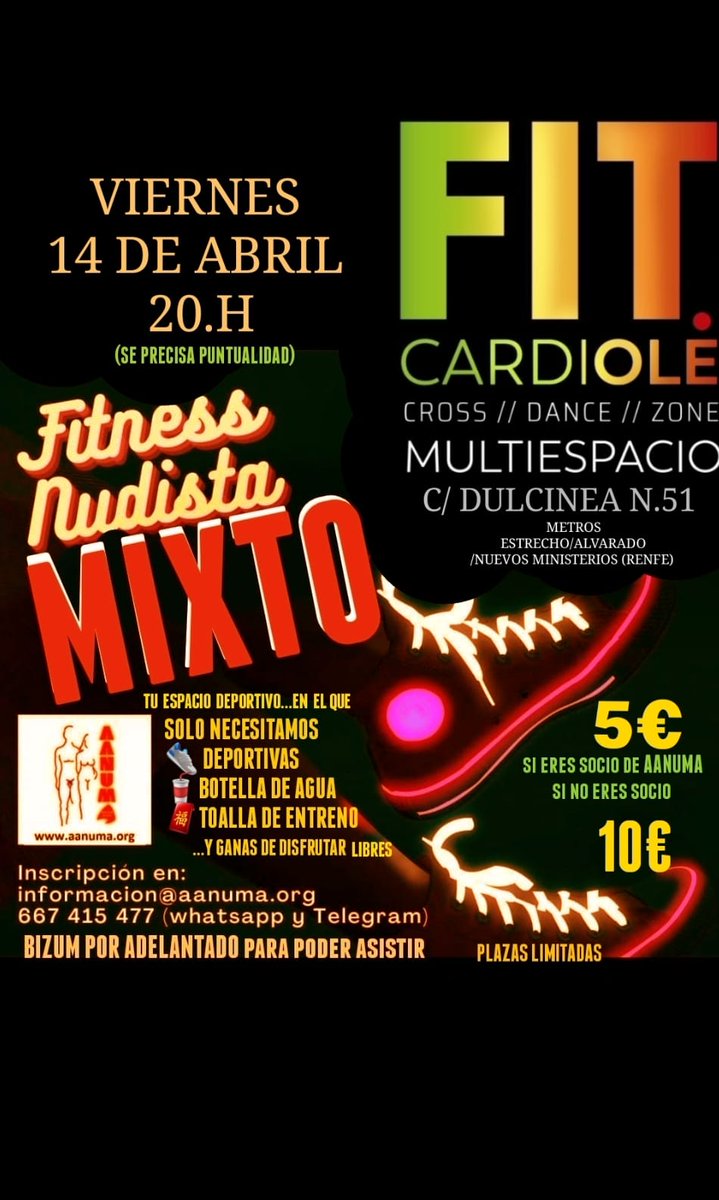 Próximo 14 de abril. Vuelve el Fitness Cardiolé con Fito Ruiz . A las 20 horas en un nuevo local.
#planesnudistas #nudidmomadrid #nudismo #normallizandoelnudismo #fkk #naturism