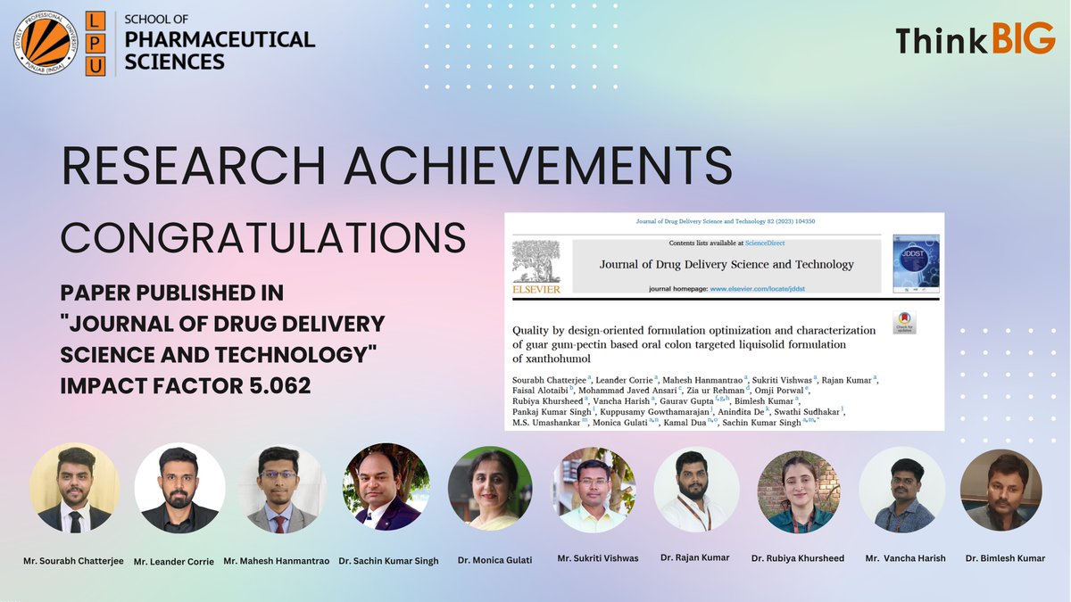 School of Pharmaceutical Sciences, LPU congratulates Dr. Sachin Kumar Singh and team on publication of paper in the Journal of Drug Delivery Science and Technology with IF 5.062.