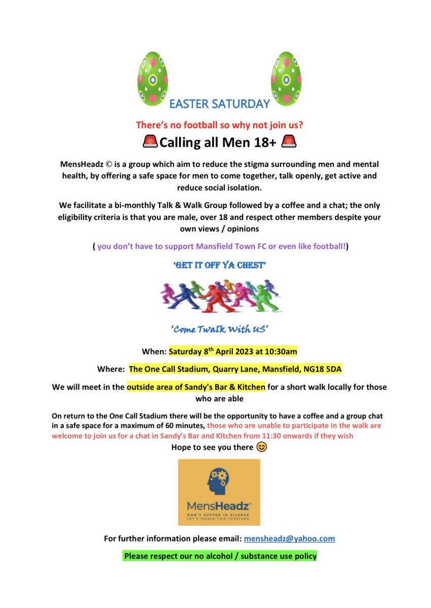 ❗️ Please share ❗️
   
Easter special - MensHeadz © Talk and Walk will take place on Saturday 8th April - there’s no football so hopefully a few more men will be able to join us reducing the stigma men’s mental health 
Please see attached for detail or email mensheadz@yahoo.com