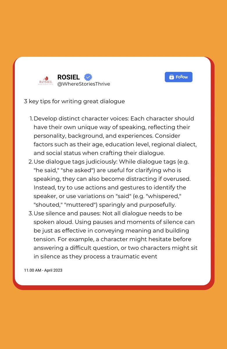 RosielBooks's tweet photo. 🤔Wondering how you can become a better dialogue writer? Here are some #RosielWritingTips to get to geared! 🔥
#WhereStoriesThrive #Rosiel #WriterManagement https://t.co/qUEc8vBB0H