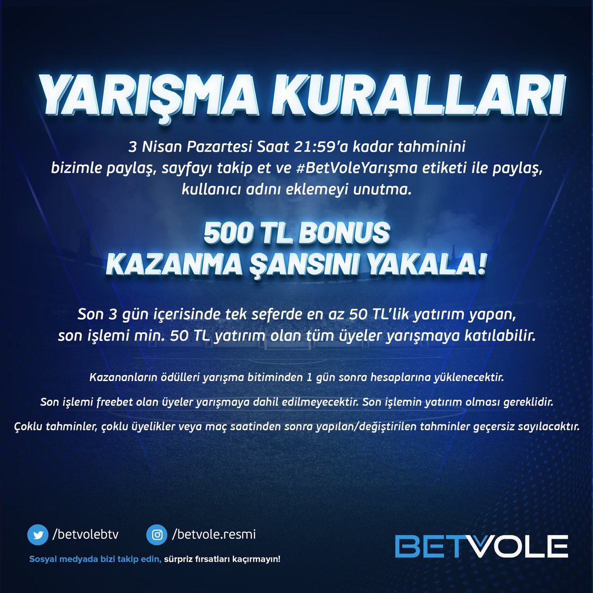 betvolebtv's tweet photo. ⚽️ EVERTON - TOTTENHAM maçında toplam kaç GOL olur tahmin et
🎯Sayfayı takip et
🎯Gönderiyi #BetVoleYarışma etiketiyle RTle
🖊️ Kullanıcı adını yaz,
‼️Son 3 gün içinde son işlemi min. 50TL yatırım olanlar katılabilir.
✨Anlık bonus ve duyurular için; https://t.co/PxeVRZT1Du https://t.co/LCFThivR9p