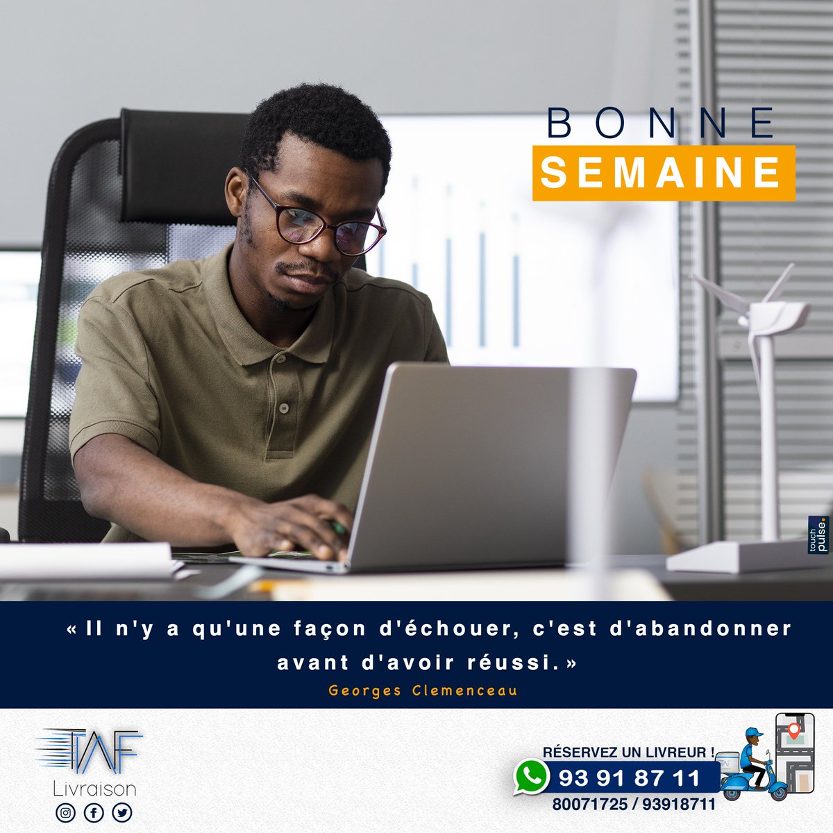 #LundiMotivation 🗓️

TafTaf Livraison vous souhaite une excellente semaine fructueuse. Dites-nous en commentaire si vous préférez travailler en équipe ou solo ? 👁️‍🗨️

Contactez notre service client sur WhatsApp au lien wa.link/ctv7nn ou appelez le 80071725.