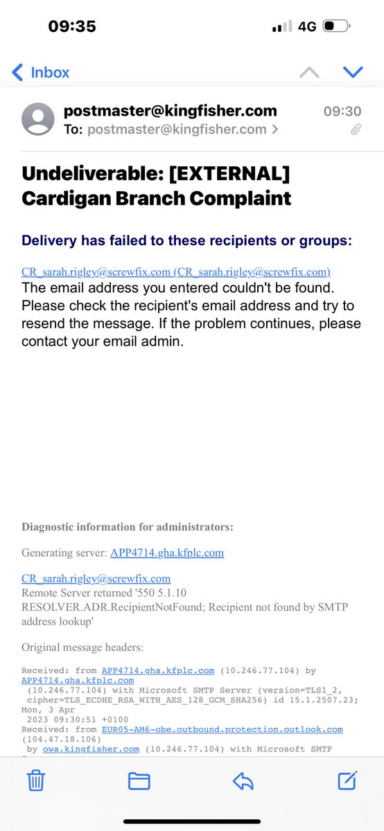 typenllain's tweet photo. @Screwfix Hi @Screwfix 
I am unable to contact Sarah Ridley from an email sent to me to complain.
Would you mind confirming that this is a correct email address to respond to?
Thanks https://t.co/0dpmvYST1i
