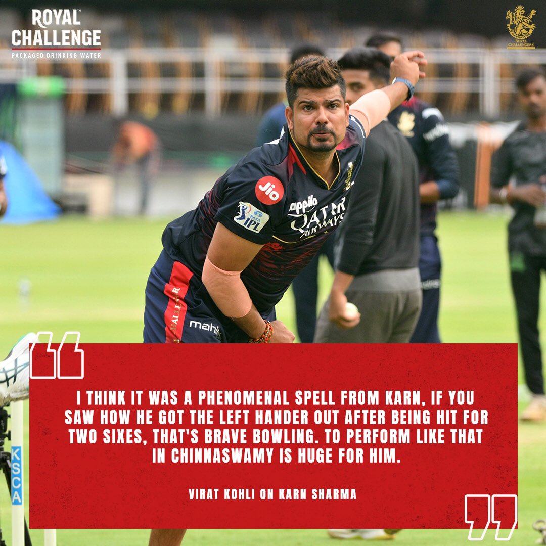 Royal Challenge Packaged Drinking Water Moment of the Day 📸 With the ball flying around at Chinnaswamy, Kohli praised our leggie's Bold and inspired comeback! 🏐 @sharmakarn03 #PlayBold #ನಮ್ಮRCB #IPL2023 #Choosebold #RoyalChallenge