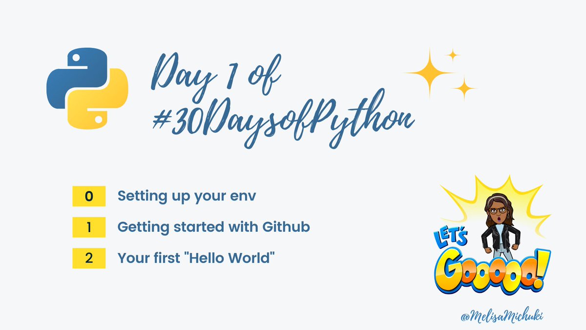 MelisaMichuki's tweet photo. 🎉 Welcome to Day 1 of our #30DaysofPython Challenge! 🎉 

Congratulations on taking the first step toward becoming a #Python developer! Today, we will be setting up our development environment and getting familiar with some essential tools like #vscode and #github.

�� https://t.co/GlQ8YxpAFy