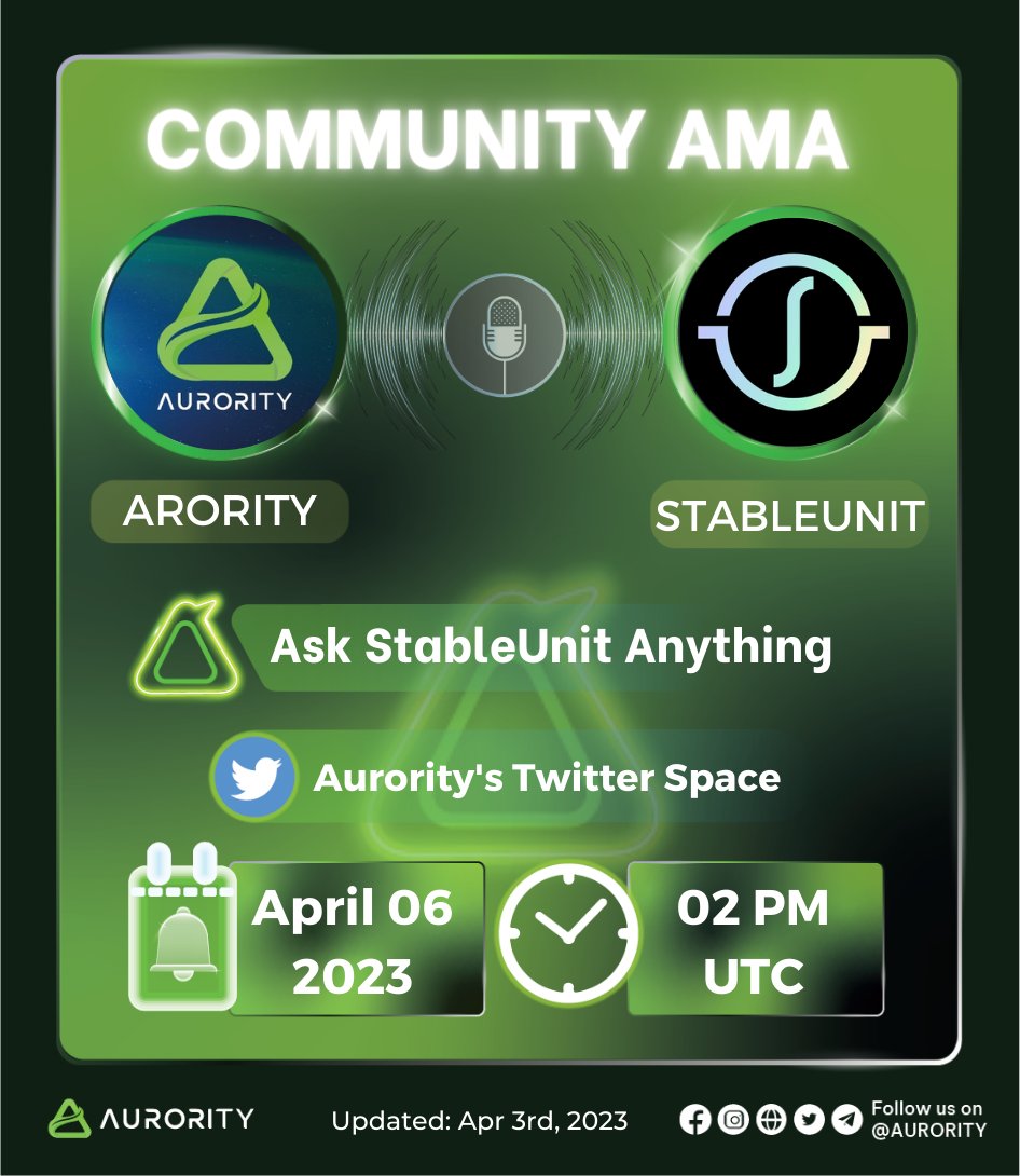 Aurority_com's tweet photo. 🔥AURORITY x STABLEUNIT #AMA🔥

💰500 $AURORA for 10 best & profound questions  

🛑48hrs & Rules🛑
1️⃣👍, retweet, FL @Aurority_com & @stableunitdao 
2️⃣Join TG https://t.co/d9mWpT8QoR & https://t.co/tbvI3ofwhM
3️⃣Drop your questions & Tag 3 friends  

Set Reminder⤵️ 
https://t.co/HalFB1tibh

#Aurority #SafeTransfer #Aurora #web3community #cryptocurrency #blockchain #Web3 #app #DeFi #StableCoin  #Airdrops #Airdrop