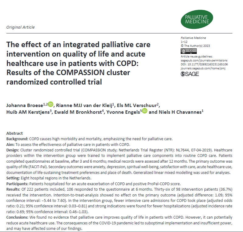 PalliativeMedJ's tweet photo. We did not find improvements in quality of life, but saw fewer intensive care admissions and a trend towards fewer hospital admissions in intervention group patients with advanced #COPD. #hpm #hapc https://t.co/bBZDtNfK55 https://t.co/KmHGVEPc9h