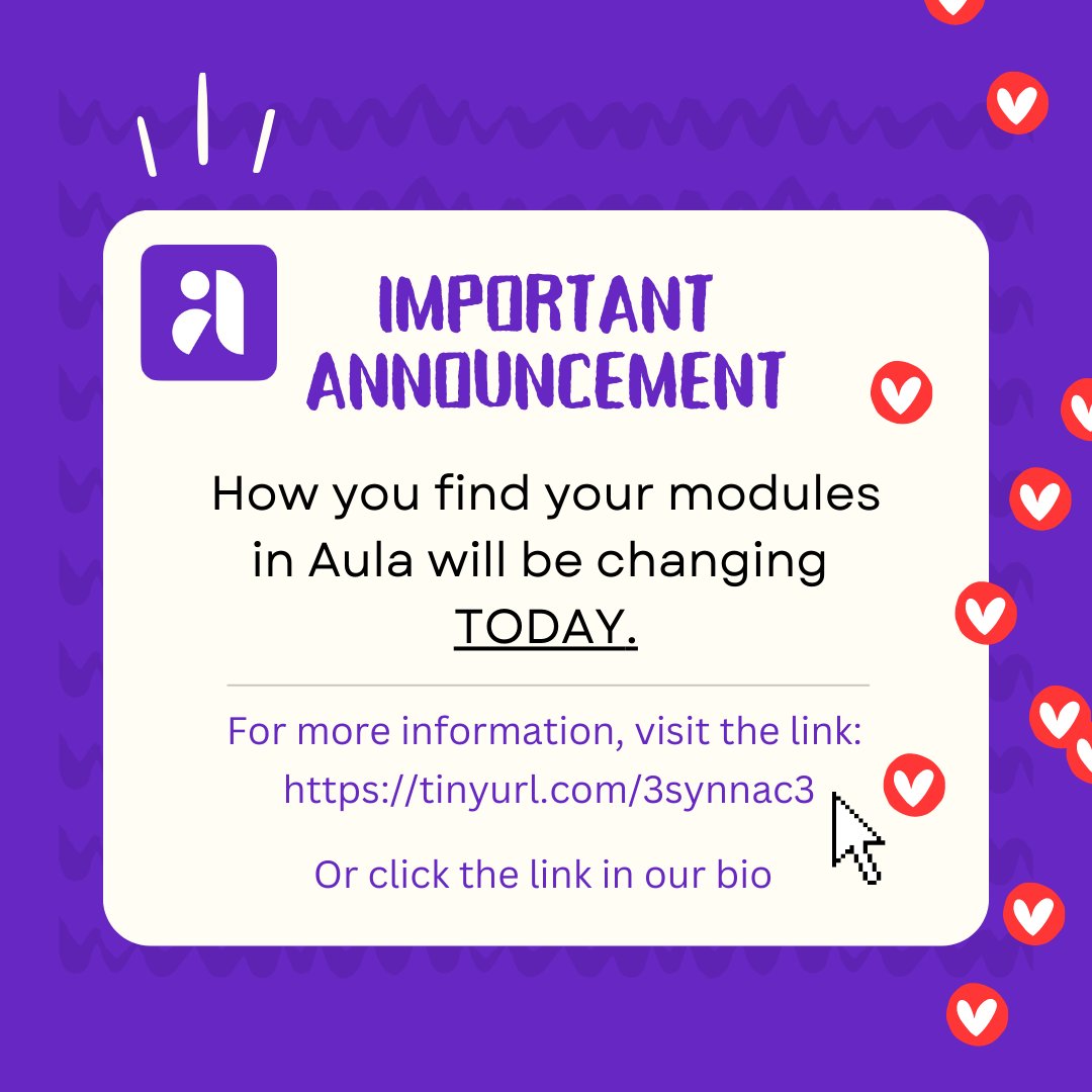Some important changes are coming to Aula TODAY that will change the way on how students will view their modules.

Follow the link below:

tinyurl.com/3synnac3