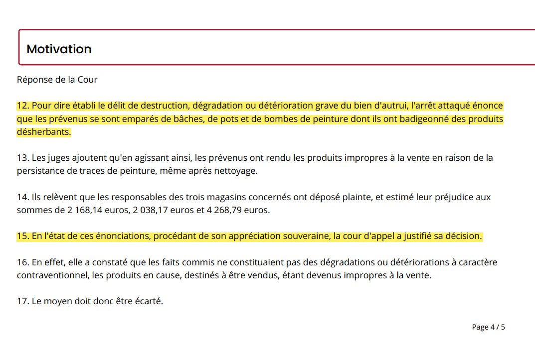 Chambre criminelle - 29 mars 2023 - Dégradations   

L'appréciation du caractère léger ou grave du dommage résultant de la dégradation du bien relève du pouvoir souverain du juge. Ici pour des militants écologistes, auxquels l'état de nécessité est refusé.
urlz.fr/ldK8