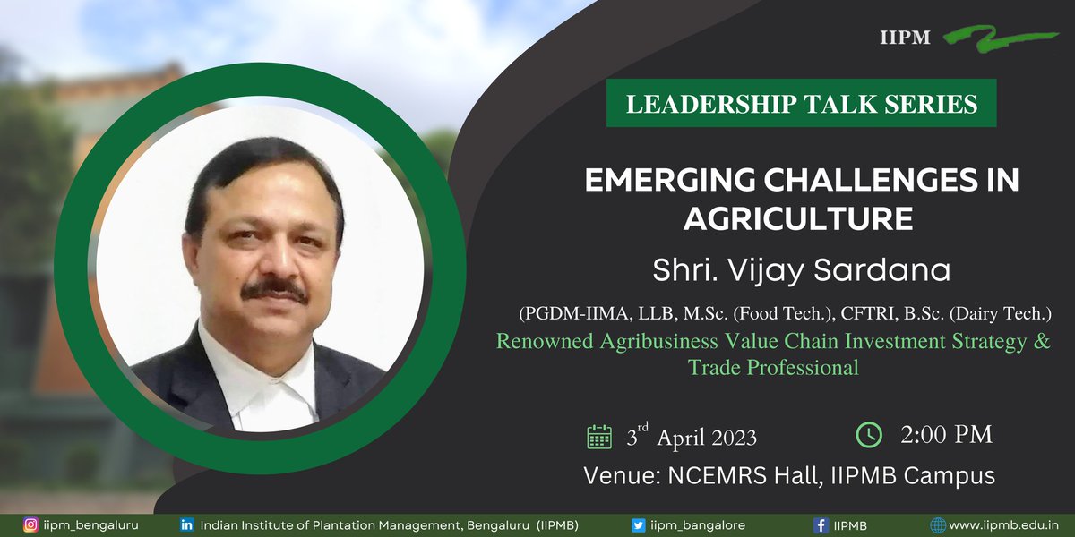 iipm_bangalore's tweet photo. @iipm_bangalore is #delighted to host Shri. @vijaysardana, a #distinguished #Agribusiness #ValueChain #investment #strategy & #trade Professional, for a #leadership Talk on "#EmergingChallenges in #Agriculture" on 03.04.2023.
@professorjoshi
#iipmb #opportunity #agribusiness https://t.co/JdAyD5Nov0