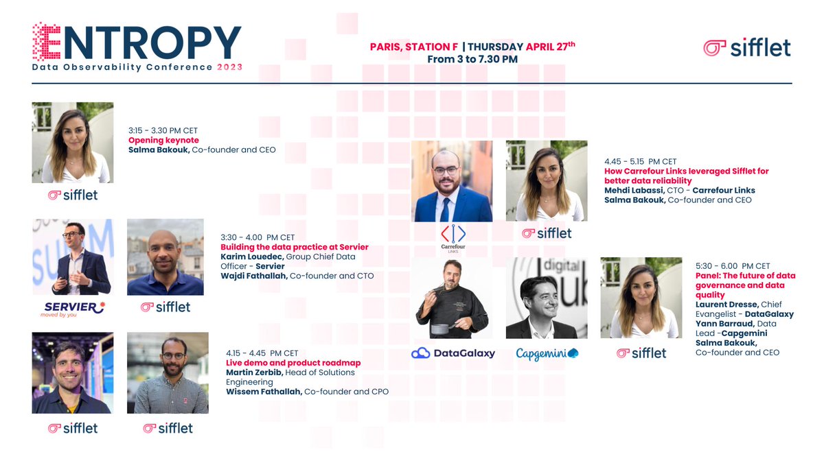 Siffletdata's tweet photo. 🇫🇷 Join us at ENTROPY Paris on April 27th! Hear from some of the top data leaders in the industry, like Mehdi Labassi from Carrefour Links and Karim Louedec, PhD from Servier. https://t.co/LMyWYLROAF