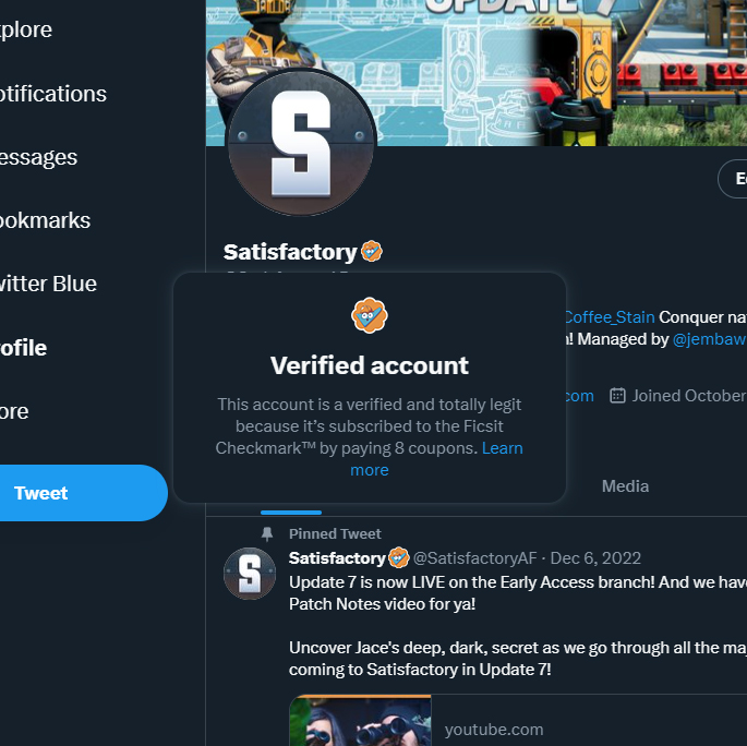 Satisfactory on Twitter "to make it clear the only checkmark we wanna