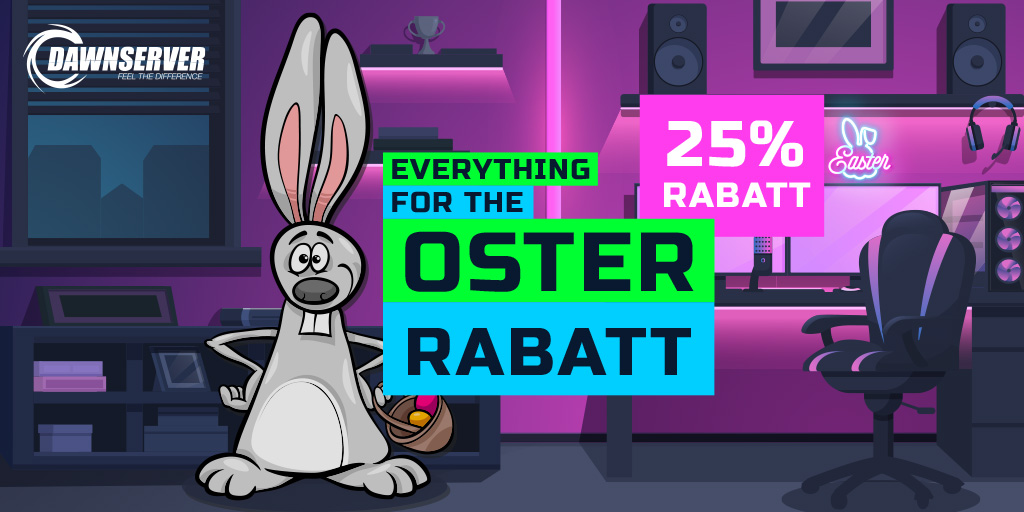 Gameserver mit vorteilhaften Preisen sichern! Um die Ostertage noch schöner zu gestalten als sie schon sind, bietet Dawn-Server dieses Jahr 25% Rabatt auf alle Produkte im Shop an! Sichert euch den Rabatt mit dem Gutscheincode dawn-ostern-2023.

#Ostern #Rabatt #Gameserver