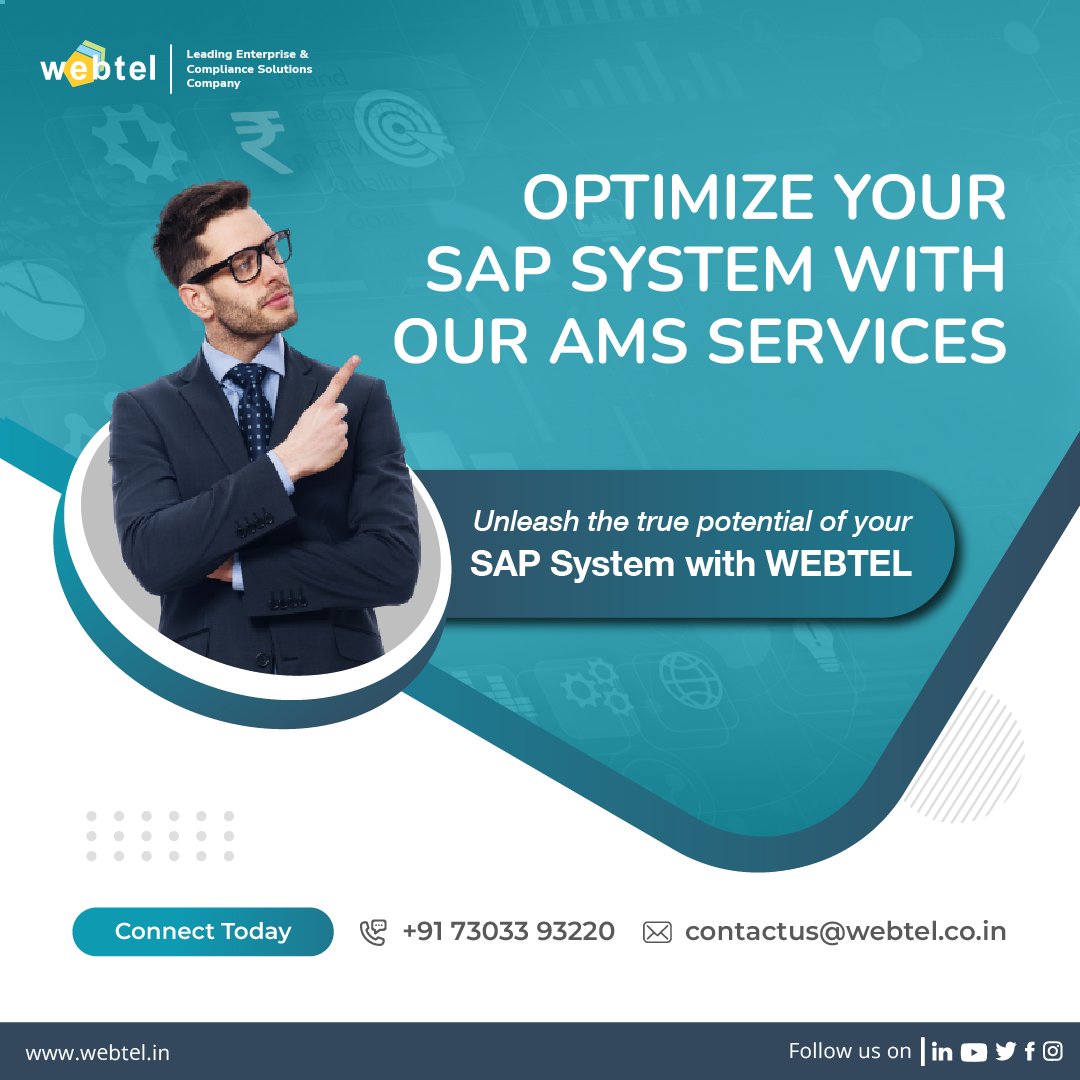 Unleash your SAP system's true capabilities
with Webtel!
.
.
.
#SAP #sap #sapservices #SAPAMS #AMS
#sapintegration #software #SAPSolutions #webtel