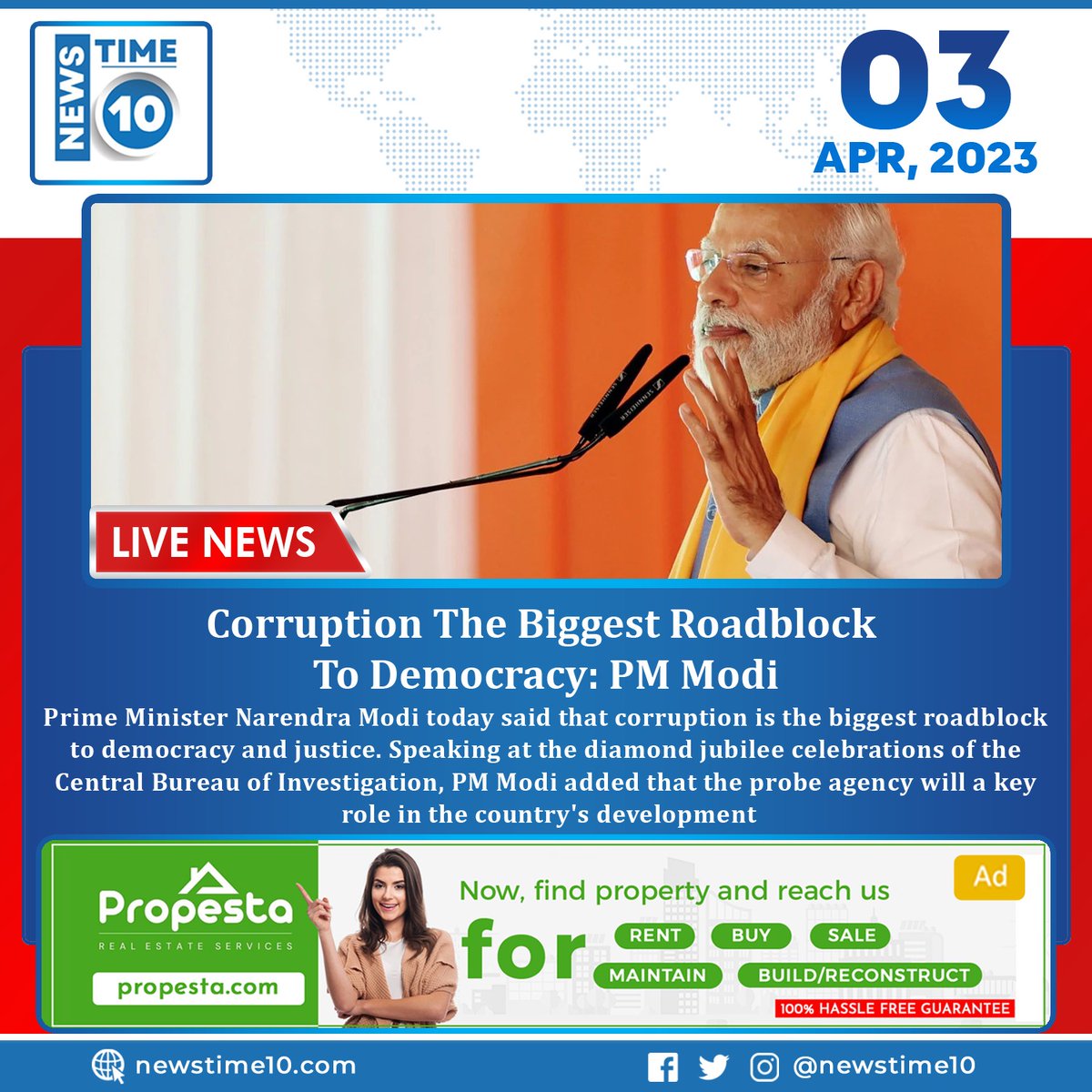 newstime_10's tweet photo. Corruption The Biggest Roadblock To Democracy: PM Modi
Read more: https://t.co/6jOirxHZG8
#newstime10 #NT10 #LiveNews #news #Corruption #roadblock #DemocracyNow #PrimeMinister #pmmodiji #NarendraModiji #justice #DiamondJubilee #CentralBureauOfInvestigation #countrydevelopment https://t.co/Y7vbLt1jrZ