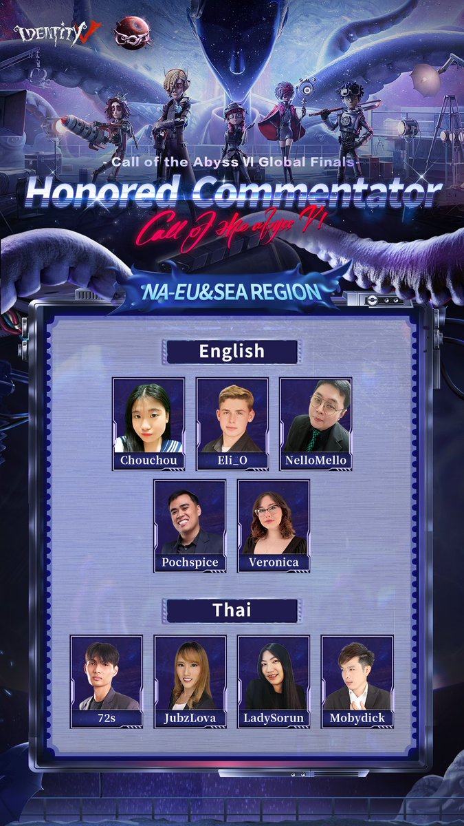 GameIdentityV's tweet image. Dear Detectives,
As we approach the start of the COAVI Global Finals, let's meet your casters from the NA-EU&SEA Region! Let's give them a warm welcome! 🎙️
#IdentityV #COAVI #Casters