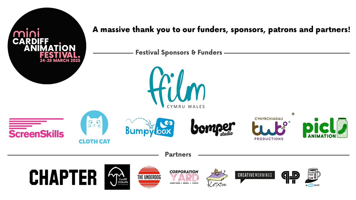 Cardiff Animation Festival (@cardiffanimfest) on Twitter photo And that's a wrap! As Mini-CAF '23 comes to an end we want to say a massive thank you to our funders and sponsors <a href="/FfilmCymruWales/">Ffilm Cymru Wales</a> <a href="/UKScreenSkills/">ScreenSkills</a> <a href="/ClothCatStudio/">Cloth Cat Studio</a> <a href="/bumpybox/">Bumpybox</a> <a href="/bomperstudio/">Bomper Studio</a> <a href="/sajobbs/">Twt Productions</a> <a href="/piclanimation/">Picl Animation</a>, and our patrons on patreon.com/cardiffanimati…. And that's a wrap! As Mini-CAF '23 comes to an end we want to say a massive thank you to our funders and sponsors <a href="/FfilmCymruWales/">Ffilm Cymru Wales</a> <a href="/UKScreenSkills/">ScreenSkills</a> <a href="/ClothCatStudio/">Cloth Cat Studio</a> <a href="/bumpybox/">Bumpybox</a> <a href="/bomperstudio/">Bomper Studio</a> <a href="/sajobbs/">Twt Productions</a> <a href="/piclanimation/">Picl Animation</a>, and our patrons on patreon.com/cardiffanimati….