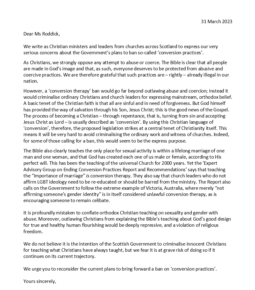 MPWRoberts's tweet image. Scottish Church leaders have written to the Scottish government to urge a total rethink of their plan to legislate against orthodox Christianity - which is being done under the guise of banning something LGBT campaigners call 'conversion therapy'.