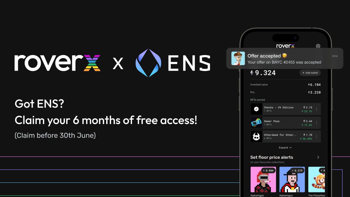 🚨 Exciting news for all ENS holders!

Bring NFTs to your mobile with RoverX!📱

ENS holders who sign up on the app before 30th June get 6 months of FREE access to the NFT super app🤘

Download now and never miss a beat of your NFT portfolio.